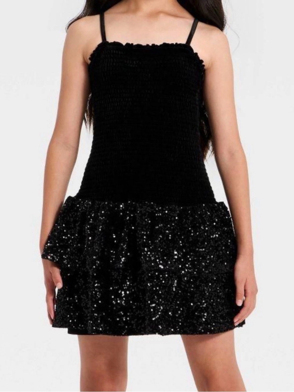 Girls Black Sequin & Velvet Dress with Smocked Bodice